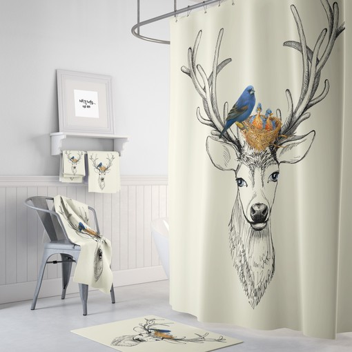 Woodland Shower Curtain with Deer and Bird Rustic Bath Set for Nature-Inspired Bathroom Decor