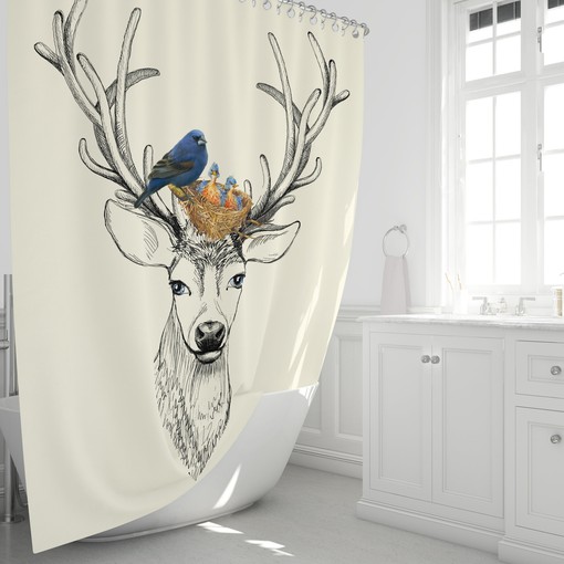 Woodland Shower Curtain with Deer and Bird Rustic Bath Set for Nature-Inspired Bathroom Decor - Image 2
