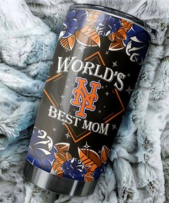 World's Best Moms with Flower Design - New York Mets MLB Tumbler with Baseball Mom Tumbler Ideas and MLB Logo