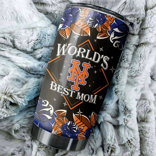 World's Best Moms with Flower Design - New York Mets MLB Tumbler with Baseball Mom Tumbler Ideas and MLB Logo