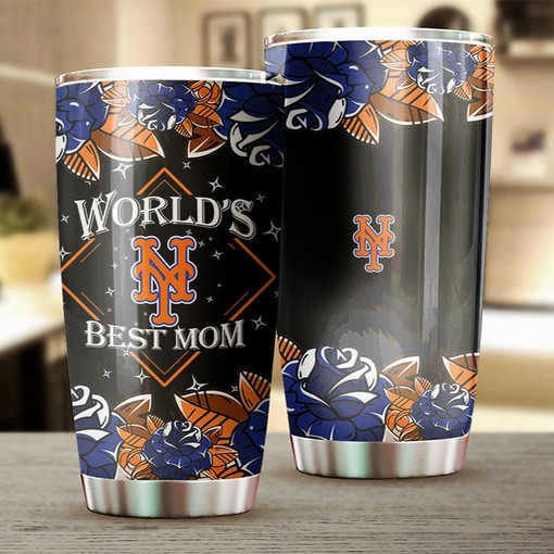 World's Best Moms with Flower Design - New York Mets MLB Tumbler with Baseball Mom Tumbler Ideas and MLB Logo - Image 2