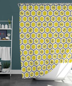 Yellow Bee Honeycomb Farmhouse Shower Curtain | Bees Beehive Fabric Bathroom Curtain and Mat