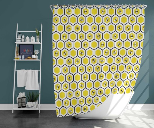 Yellow Bee Honeycomb Farmhouse Shower Curtain | Bees Beehive Fabric Bathroom Curtain and Mat