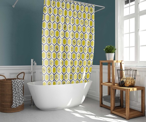 Yellow Bee Honeycomb Farmhouse Shower Curtain | Bees Beehive Fabric Bathroom Curtain and Mat - Image 2