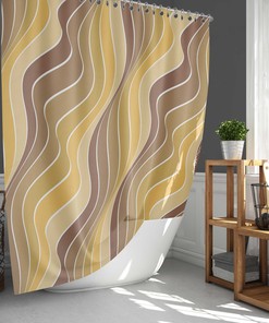 Yellow Brown Lines Retro Art Fabric Shower Curtain and Mat, Mid-century Bathroom Decor