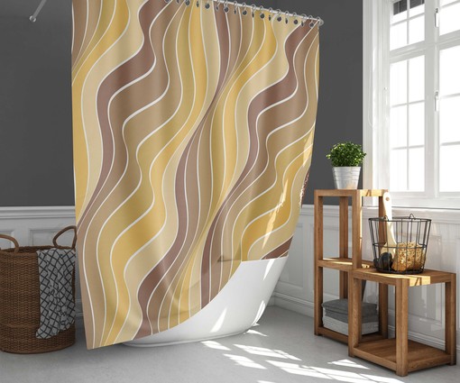 Yellow Brown Lines Retro Art Fabric Shower Curtain and Mat, Mid-century Bathroom Decor
