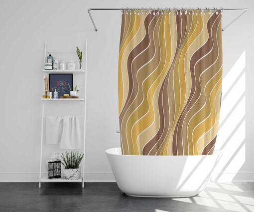 Yellow Brown Lines Retro Art Fabric Shower Curtain and Mat, Mid-century Bathroom Decor - Image 2