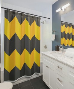 Yellow Chevron Print Shower Curtain, Geometric Vintage Design, Luxury Bathroom Decor