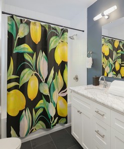 Yellow Citrus Floral Shower Curtain | Lemons and Flowers Pattern | Floral Bathroom Decor | Home Bath Decor