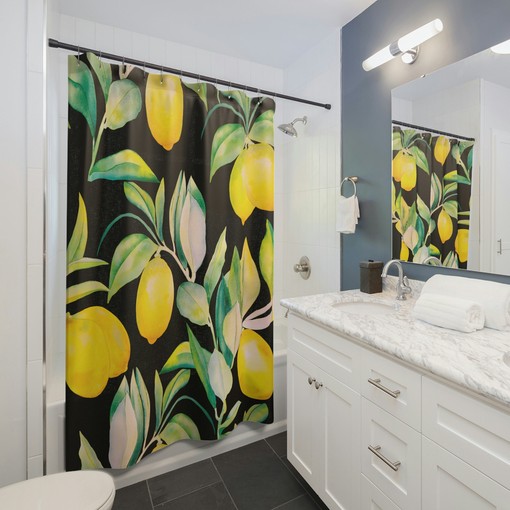 Yellow Citrus Floral Shower Curtain | Lemons and Flowers Pattern | Floral Bathroom Decor | Home Bath Decor