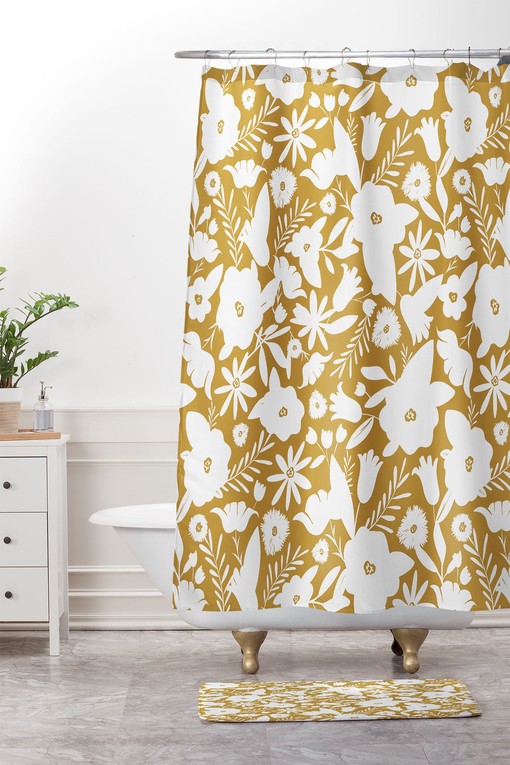 Yellow Floral Boho Shower Curtain, Botanical Bath Decor, Vintage-Inspired Fabric Bath Curtain
