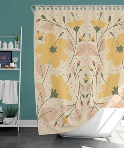 Yellow Floral Shower Curtain, Customizable Size, Botanical Leaves Bathroom Decor