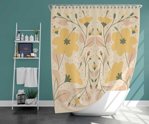 Yellow Floral Shower Curtain, Customizable Size, Botanical Leaves Bathroom Decor