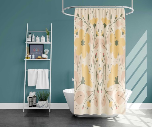Yellow Floral Shower Curtain, Customizable Size, Botanical Leaves Bathroom Decor - Image 2