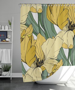 Yellow Iris Shower Curtain, Customizable Size, Botanical Floral and Green Leaves Print