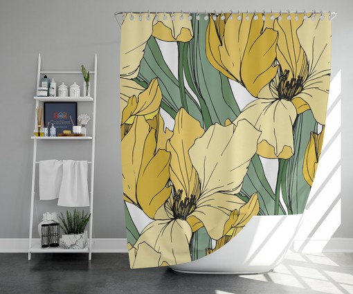 Yellow Iris Shower Curtain, Customizable Size, Botanical Floral and Green Leaves Print