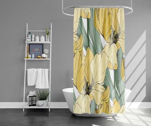 Yellow Iris Shower Curtain, Customizable Size, Botanical Floral and Green Leaves Print - Image 2