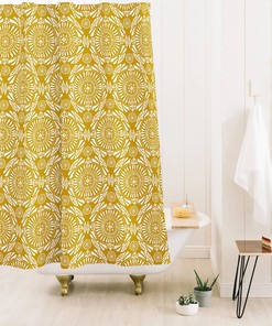 Yellow Medallion Geometric Shower Curtain, Boho Bathroom Decor, Vintage-Inspired Fabric Bath Curtain
