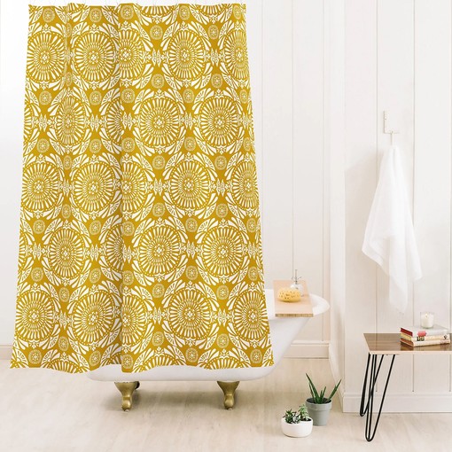 Yellow Medallion Geometric Shower Curtain, Boho Bathroom Decor, Vintage-Inspired Fabric Bath Curtain
