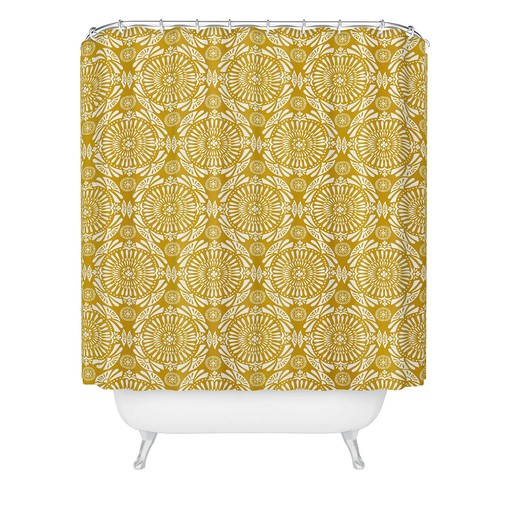 Yellow Medallion Geometric Shower Curtain, Boho Bathroom Decor, Vintage-Inspired Fabric Bath Curtain - Image 2