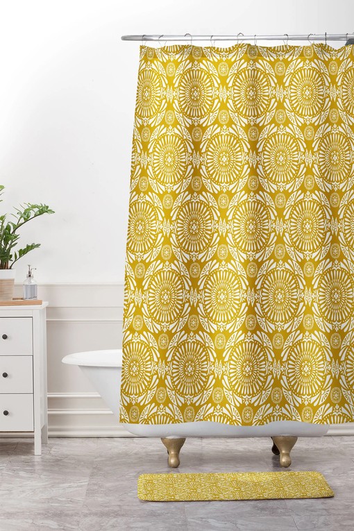 Yellow Medallion Geometric Shower Curtain, Boho Bathroom Decor, Vintage-Inspired Fabric Bath Curtain - Image 3