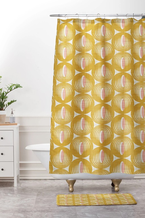 Yellow Mid Century Shower Curtain | Retro Geometric Bathroom Decor | Luxury Shower Curtains