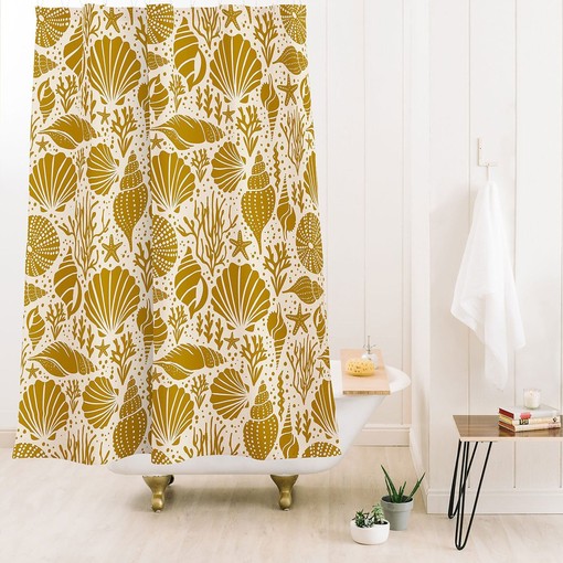 Yellow Nautical Shower Curtain with Sea Shell Design for Beach House Bathroom
