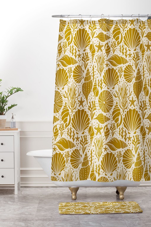Yellow Nautical Shower Curtain with Sea Shell Design for Beach House Bathroom - Image 2