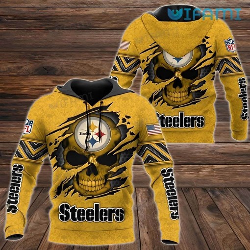 Yellow Pittsburgh Steelers Skull Logo All Over Print 3D Hoodie with Cool Graphics