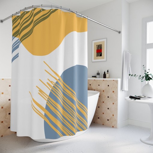 Yellow and Blue Circles Abstract Art Shower Curtain or Mat, Contemporary Minimalistic Curtain
