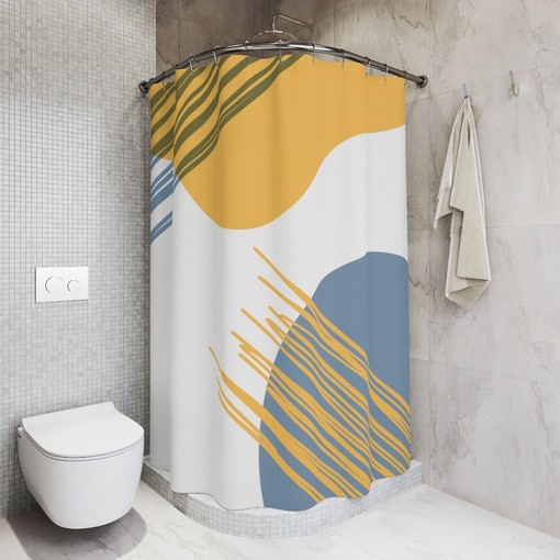 Yellow and Blue Circles Abstract Art Shower Curtain or Mat, Contemporary Minimalistic Curtain - Image 2