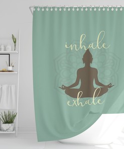 Yoga Lover Housewarming Gift - Zen Yoga Shower Curtain with Inhale Exhale Mandala Sukhasana Pose Buddha Silhouette