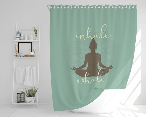 Yoga Lover Housewarming Gift - Zen Yoga Shower Curtain with Inhale Exhale Mandala Sukhasana Pose Buddha Silhouette