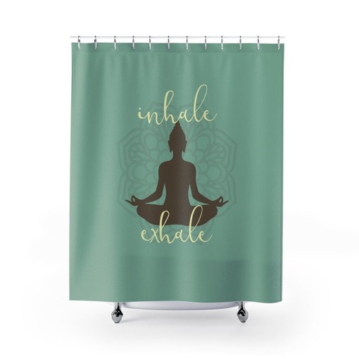 Yoga Lover Housewarming Gift - Zen Yoga Shower Curtain with Inhale Exhale Mandala Sukhasana Pose Buddha Silhouette - Image 2