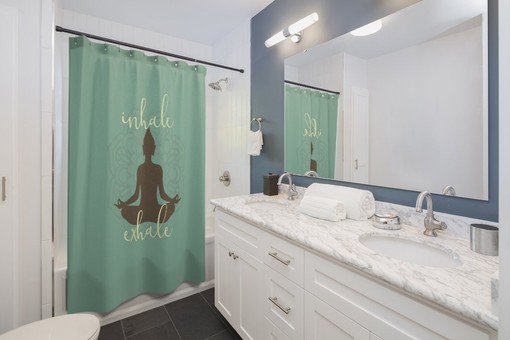 Yoga Lover Housewarming Gift - Zen Yoga Shower Curtain with Inhale Exhale Mandala Sukhasana Pose Buddha Silhouette - Image 4