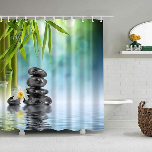 Zen Stones and Bamboo Restroom Shower Curtain | Meditation Relaxation Calm Mindfulness Home Bathroom Decor