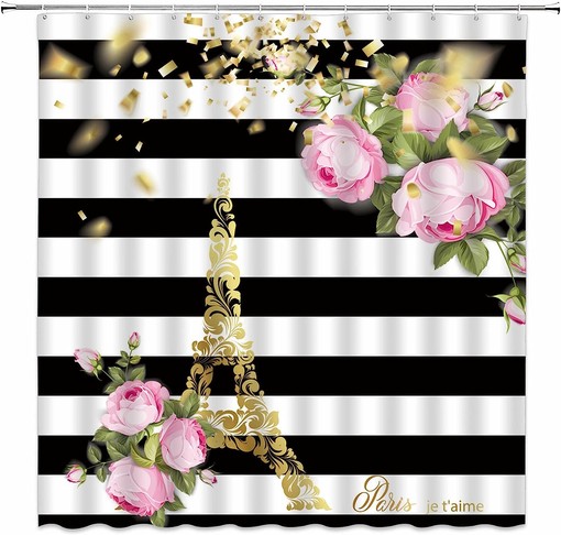 Abstract Eiffel Tower and Flower Print Shower Curtain for Paris Bathroom Decor