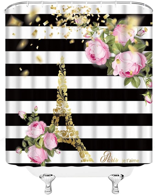 Abstract Eiffel Tower and Flower Print Shower Curtain for Paris Bathroom Decor - Image 3