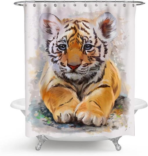 Adorable Little Tiger Fabric Shower Curtain for Kids Bathroom