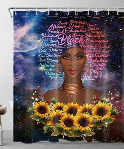 African American Girl Galaxy Shower Curtain with Sunflower and Slogan for Bathroom Decor
