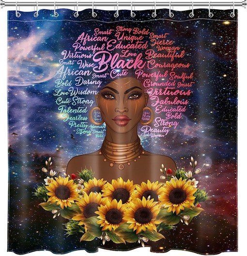 African American Girl Galaxy Shower Curtain with Sunflower and Slogan for Bathroom Decor - Image 2