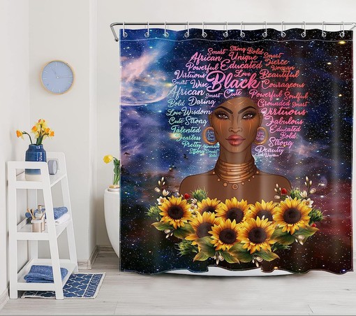African American Girl Galaxy Shower Curtain with Sunflower and Slogan for Bathroom Decor - Image 3