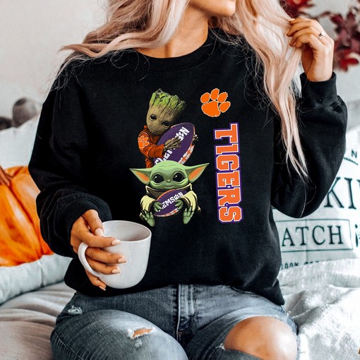 Baby Yoda and Groot Hug Clemson Tigers NCAA T-Shirt Hoodie - For Ultimate Fans