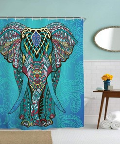 Blue Boheme Elephant Fabric Shower Curtain for Boho Bathroom Decor