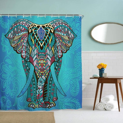 Blue Boheme Elephant Fabric Shower Curtain for Boho Bathroom Decor