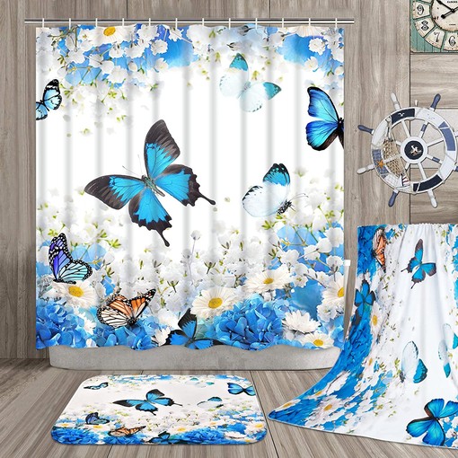 Blue Floral Flower Butterfly Print Shower Curtain with Towel SetBold Bathroom Decor - Image 2