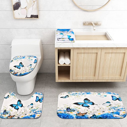 Blue Floral Flower Butterfly Print Shower Curtain with Towel SetBold Bathroom Decor - Image 3