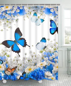 Blue Floral and Butterfly Print Shower Curtain for Bathroom by Ikfashoni