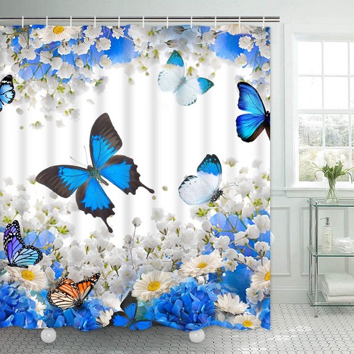 Blue Floral and Butterfly Print Shower Curtain for Bathroom by Ikfashoni