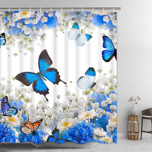 Blue Floral and Butterfly Print Shower Curtain for Bathroom by Ikfashoni - Image 2